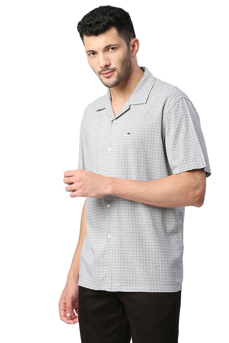 BASICS SLIM FIT SILVER GREY COTTON VISCOSE PRINTED HALFSLEEVES SHIRT