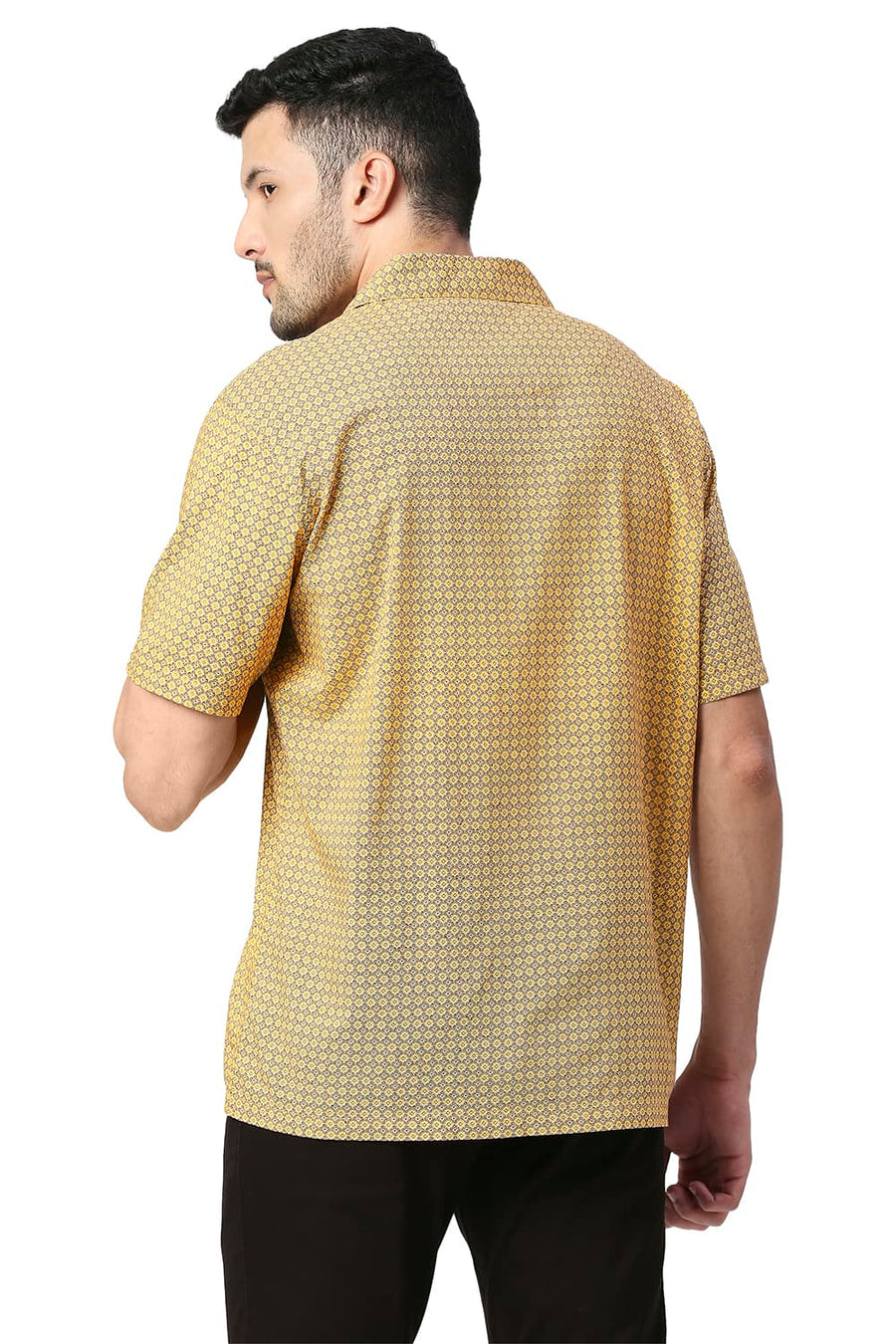 BASICS SLIM FIT HONEY YELLOW COTTON VISCOSE PRINTED HALFSLEEVES SHIRT