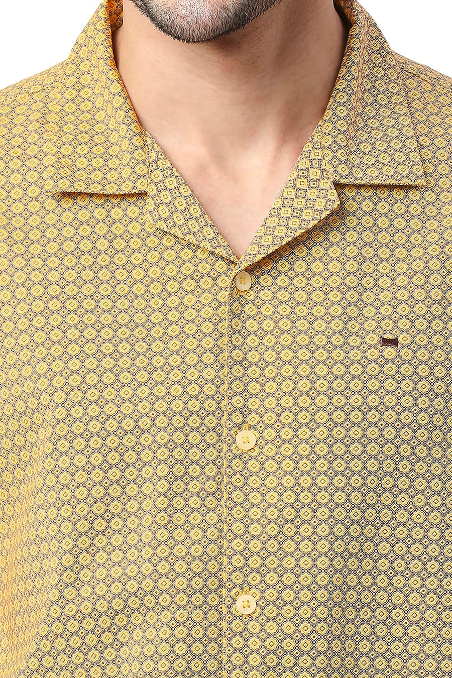 BASICS SLIM FIT HONEY YELLOW COTTON VISCOSE PRINTED HALFSLEEVES SHIRT