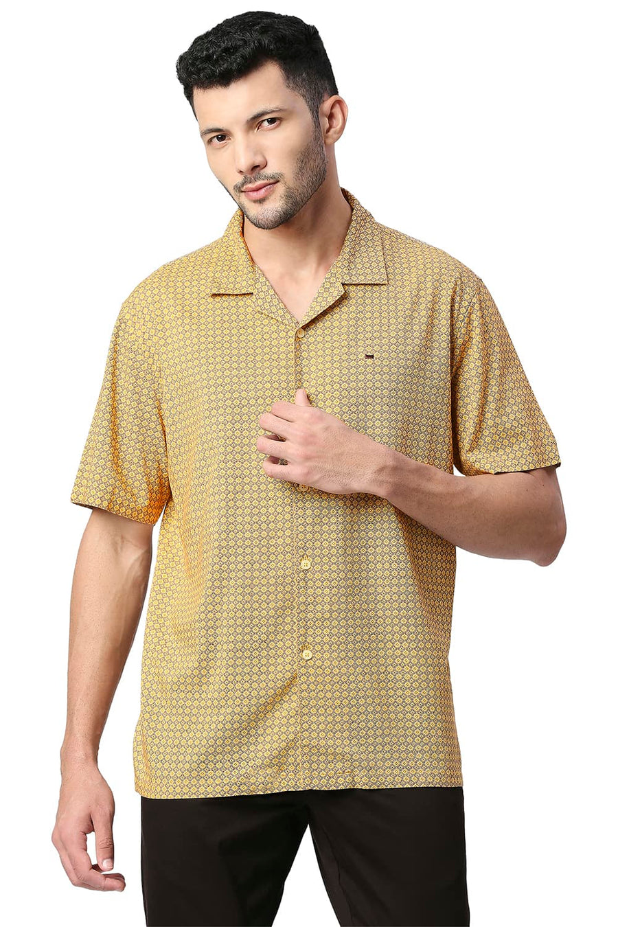BASICS SLIM FIT HONEY YELLOW COTTON VISCOSE PRINTED HALFSLEEVES SHIRT