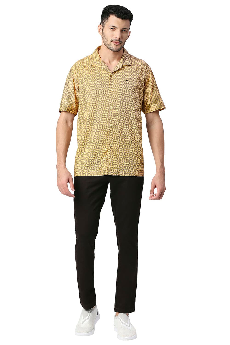 BASICS SLIM FIT HONEY YELLOW COTTON VISCOSE PRINTED HALFSLEEVES SHIRT