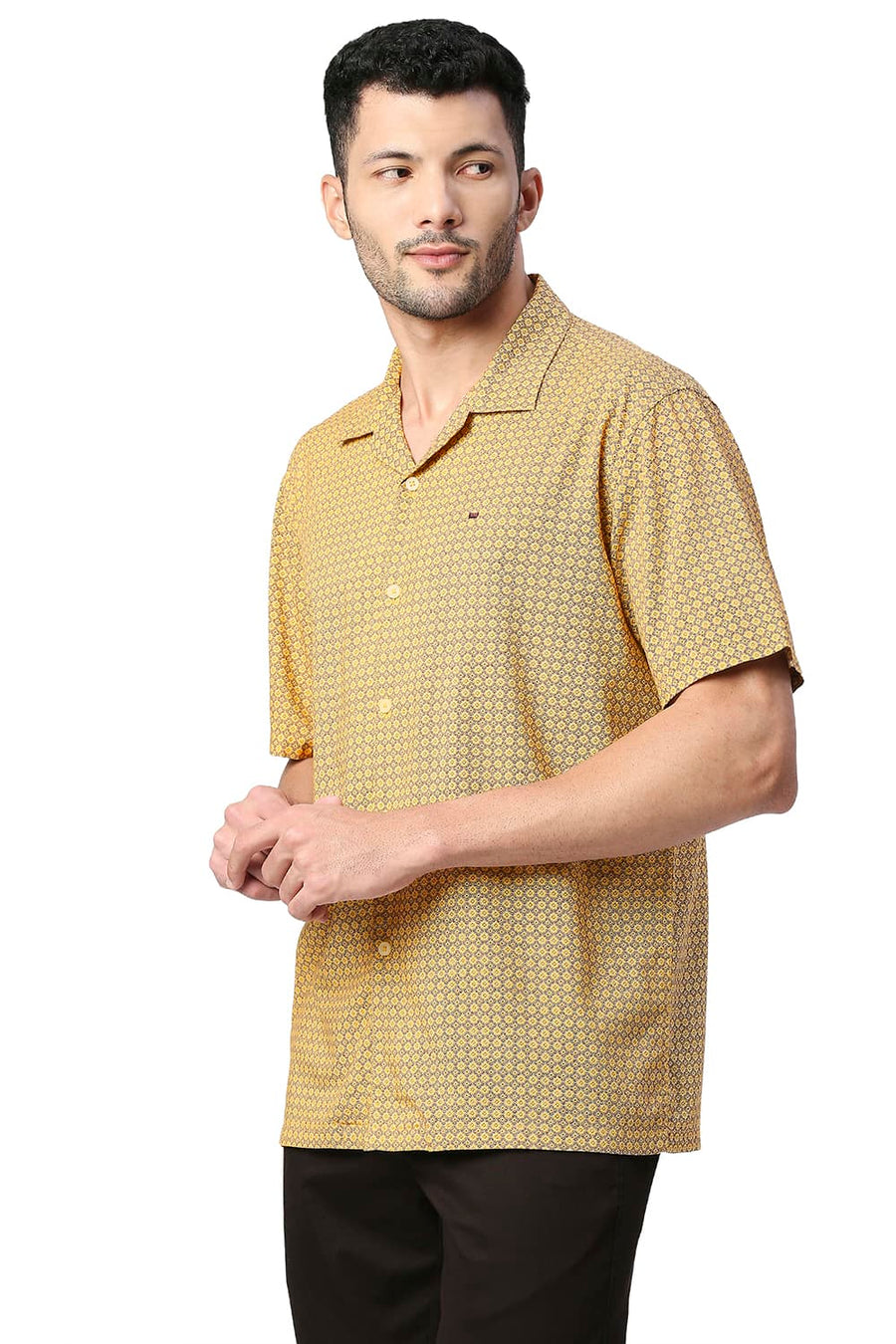 BASICS SLIM FIT HONEY YELLOW COTTON VISCOSE PRINTED HALFSLEEVES SHIRT