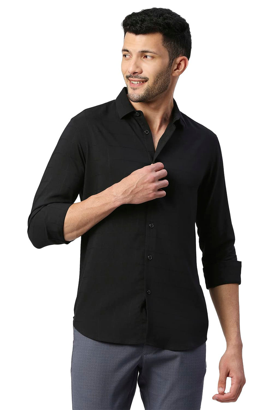 BASICS SLIM FIT ANTHRACITE BLACK TENCEL POLY STRETCH SHIRT