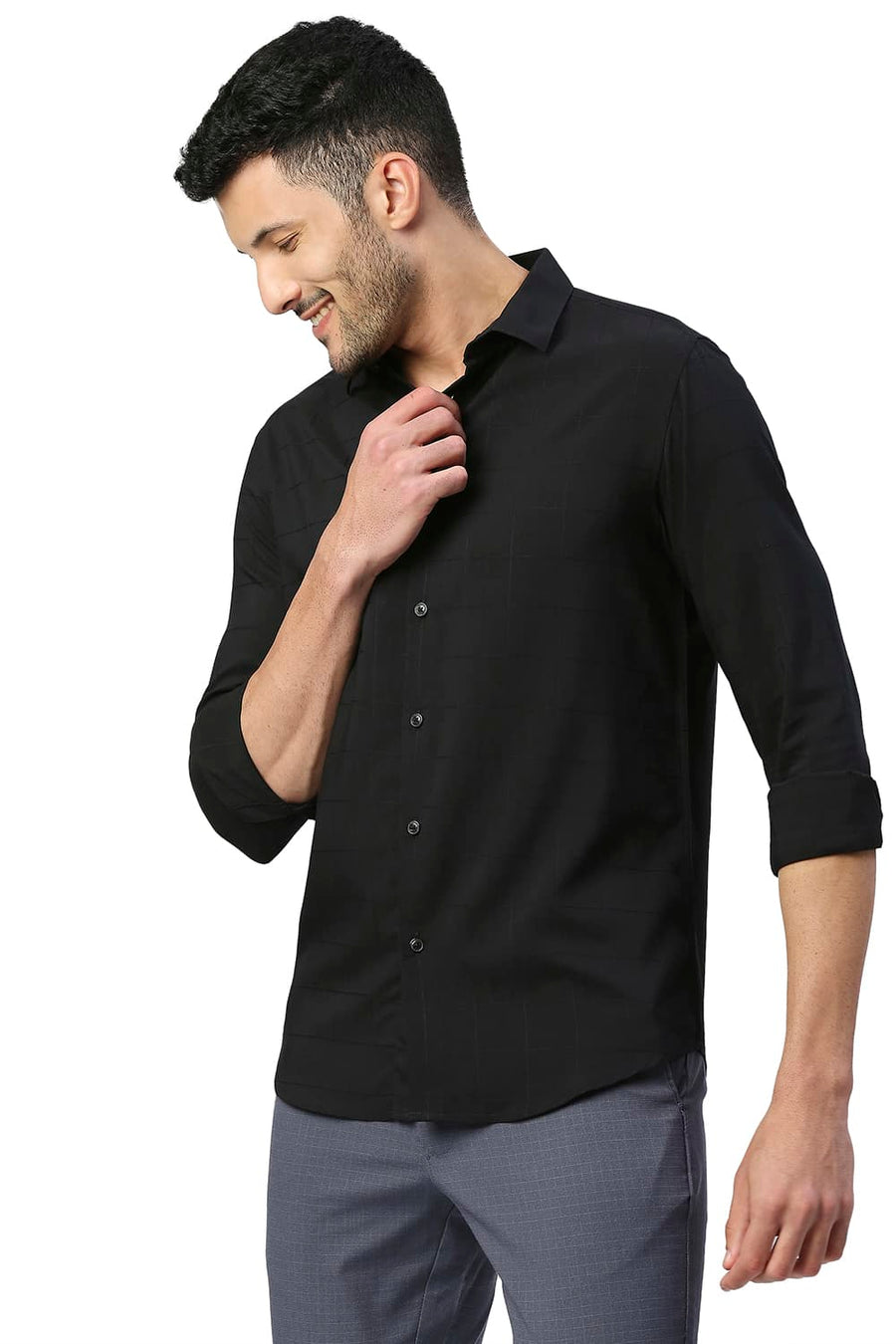 BASICS SLIM FIT ANTHRACITE BLACK TENCEL POLY STRETCH SHIRT