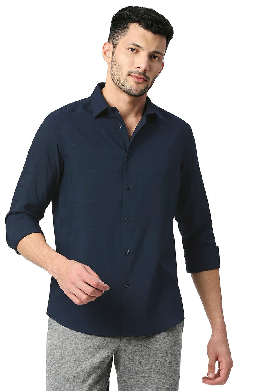 BASICS SLIM FIT NIGHT NAVY TENCEL POLY STRETCH SHIRT
