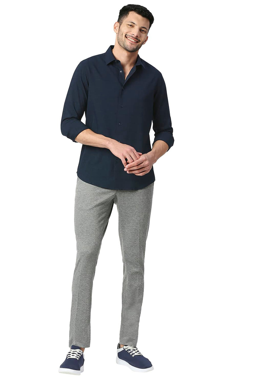 BASICS SLIM FIT NIGHT NAVY TENCEL POLY STRETCH SHIRT