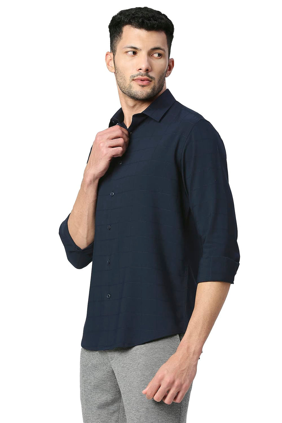 BASICS SLIM FIT NIGHT NAVY TENCEL POLY STRETCH SHIRT