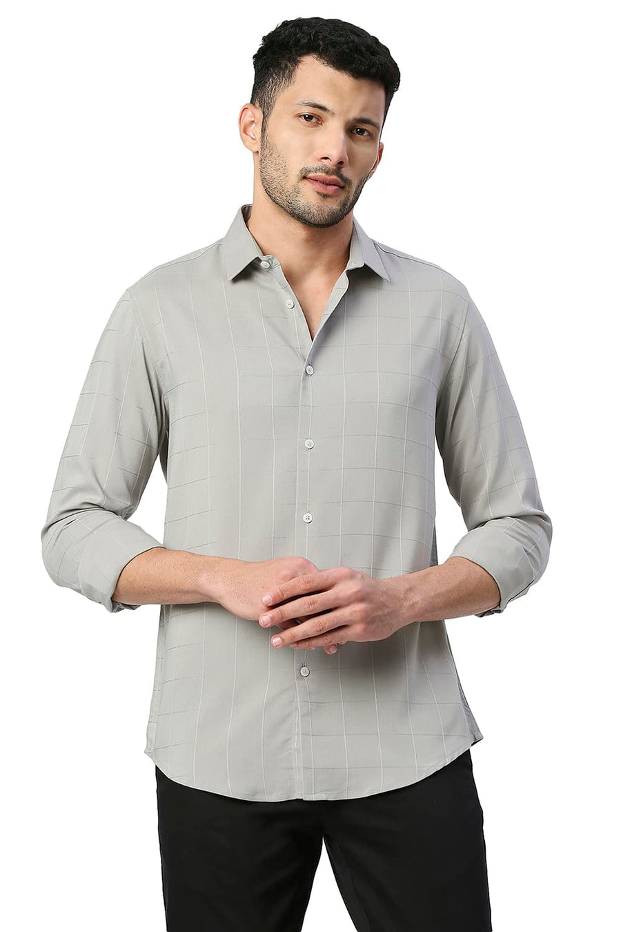 BASICS SLIM FIT WET GREY TENCEL POLY STRETCH SHIRT