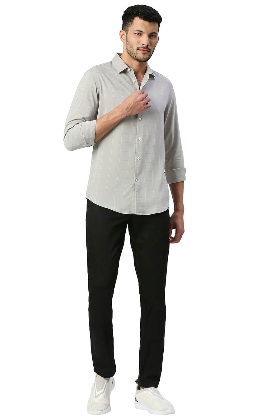 BASICS SLIM FIT WET GREY TENCEL POLY STRETCH SHIRT