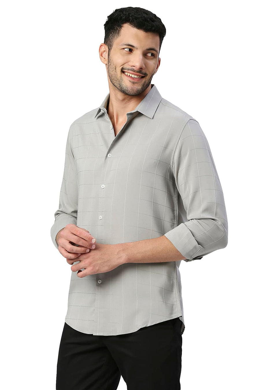 BASICS SLIM FIT WET GREY TENCEL POLY STRETCH SHIRT