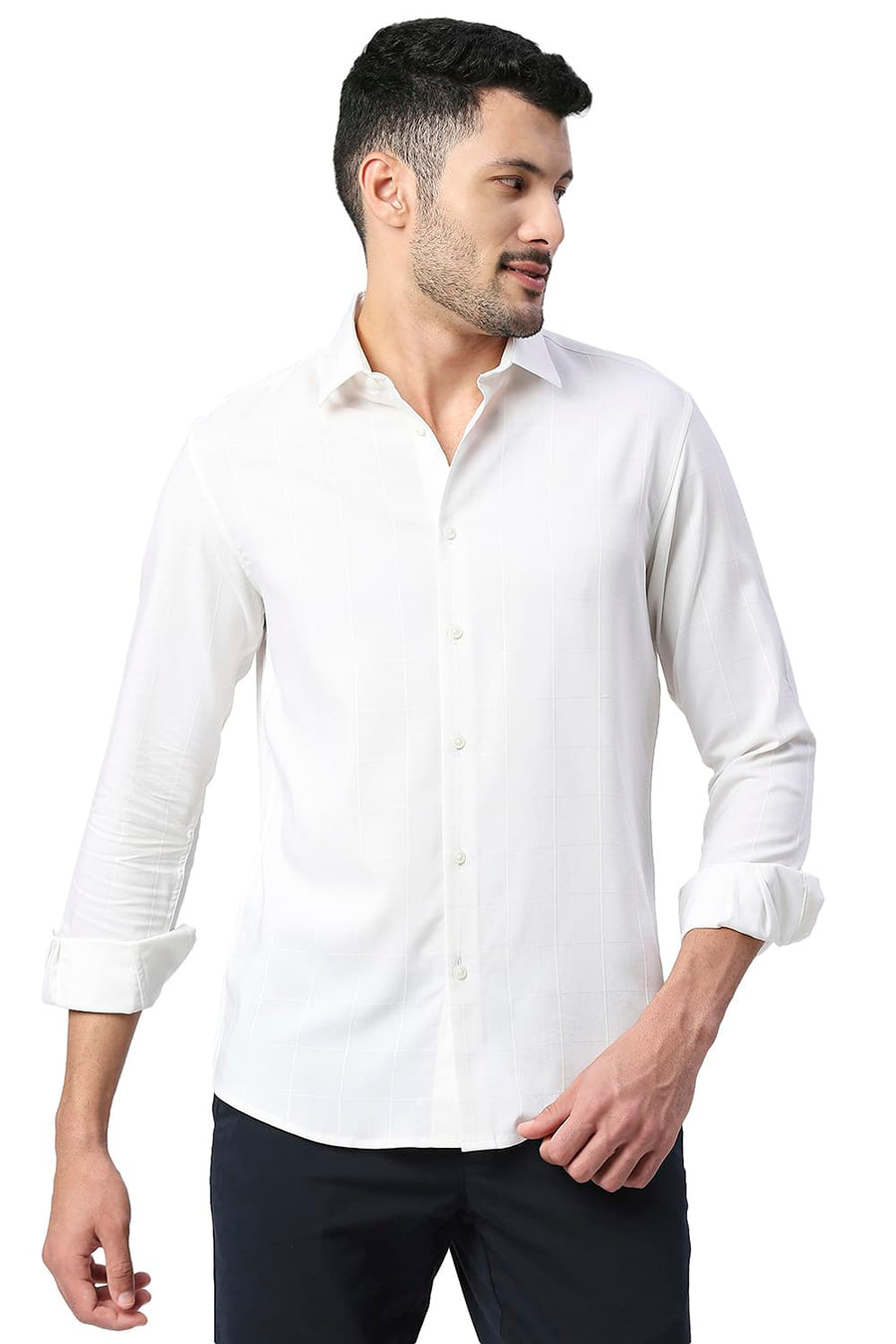 BASICS SLIM FIT EGRET WHITE TENCEL POLY STRETCH SHIRT
