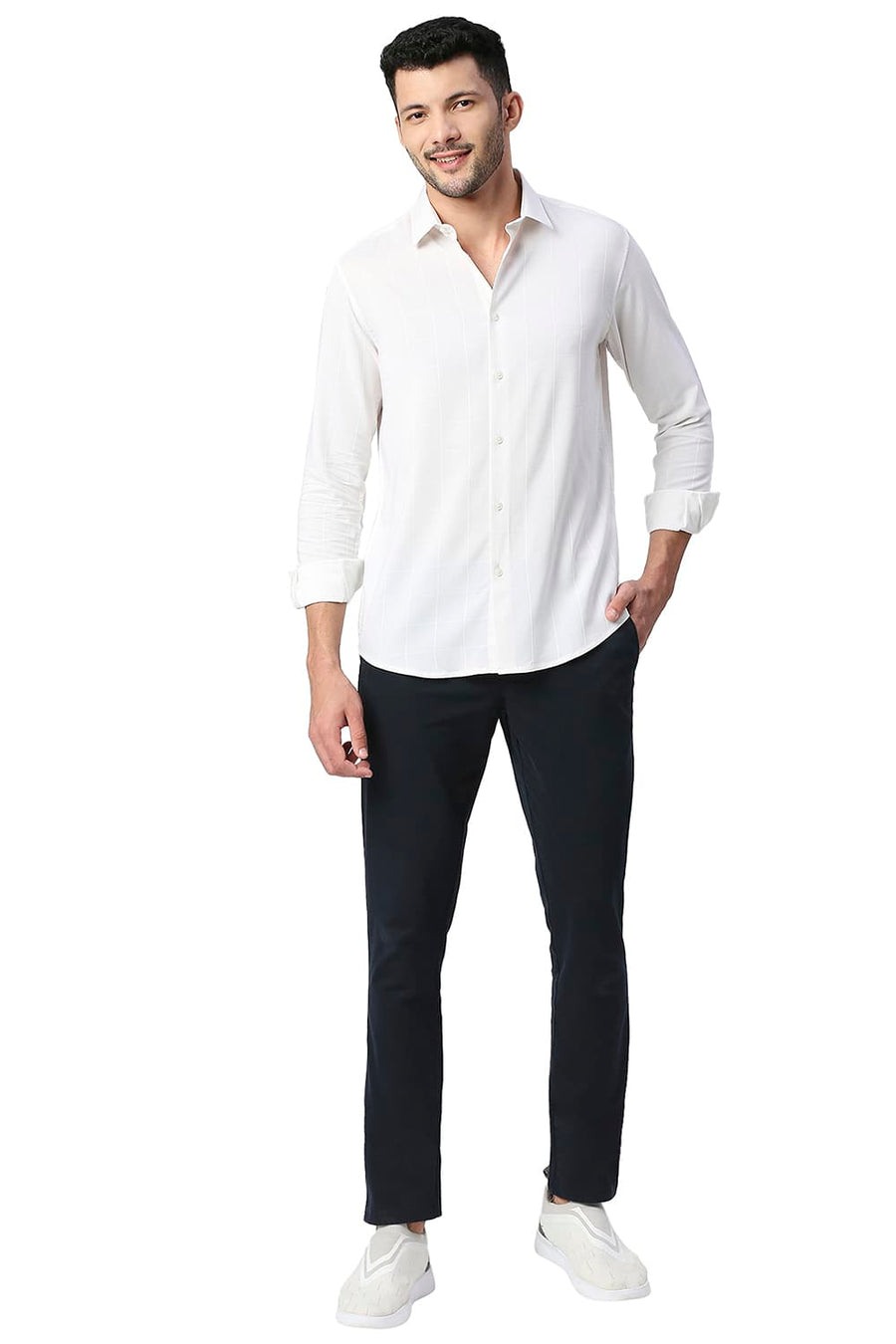 BASICS SLIM FIT EGRET WHITE TENCEL POLY STRETCH SHIRT