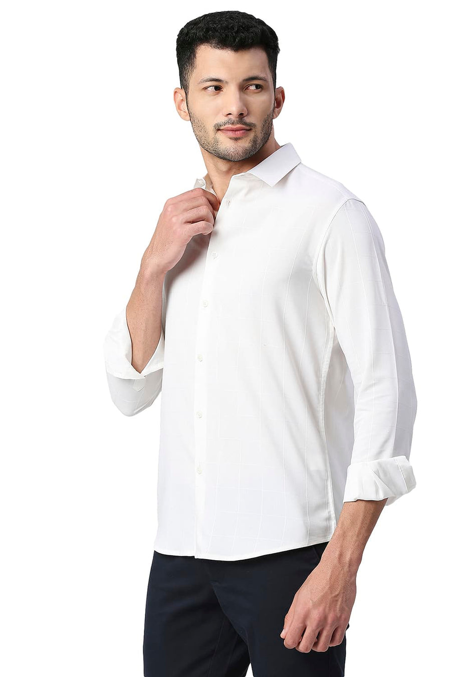 BASICS SLIM FIT EGRET WHITE TENCEL POLY STRETCH SHIRT
