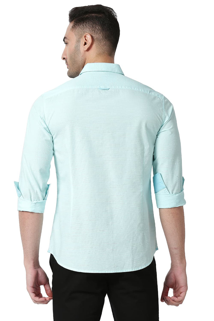BASICS SLIM FIT GLASS AQUA COTTON SLUB SHIRT