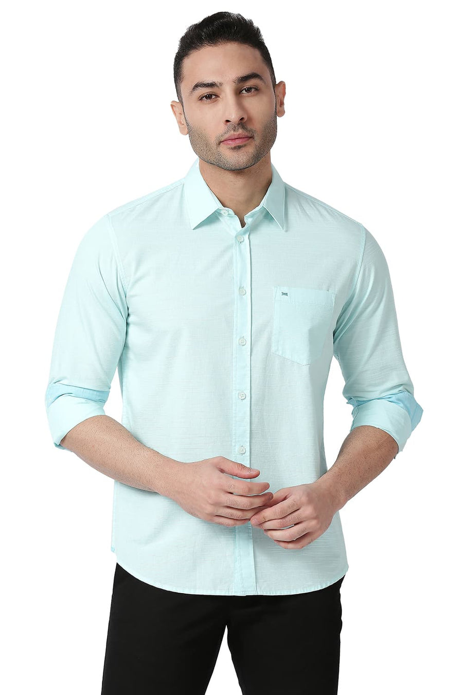 BASICS SLIM FIT GLASS AQUA COTTON SLUB SHIRT