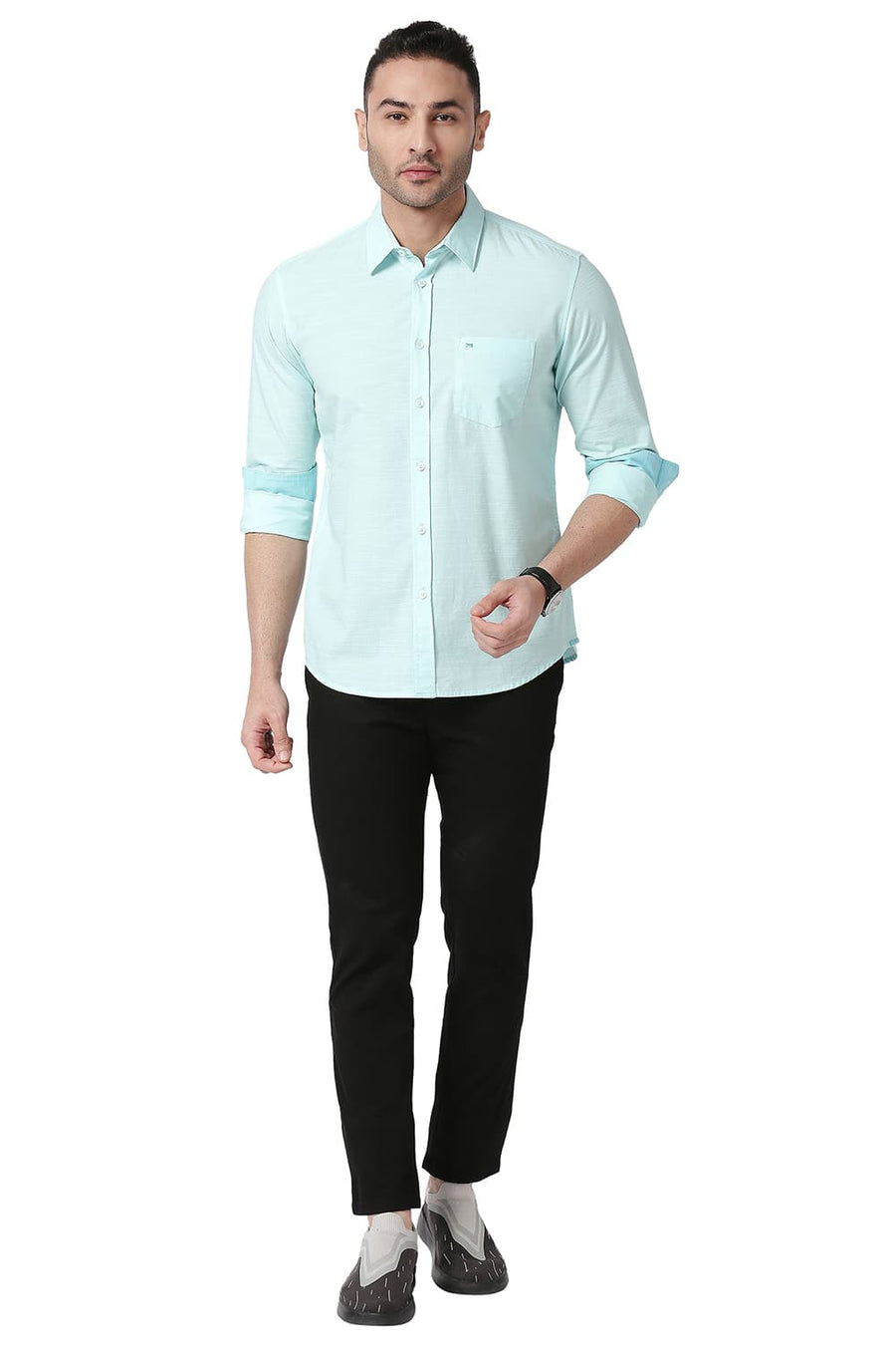 BASICS SLIM FIT GLASS AQUA COTTON SLUB SHIRT