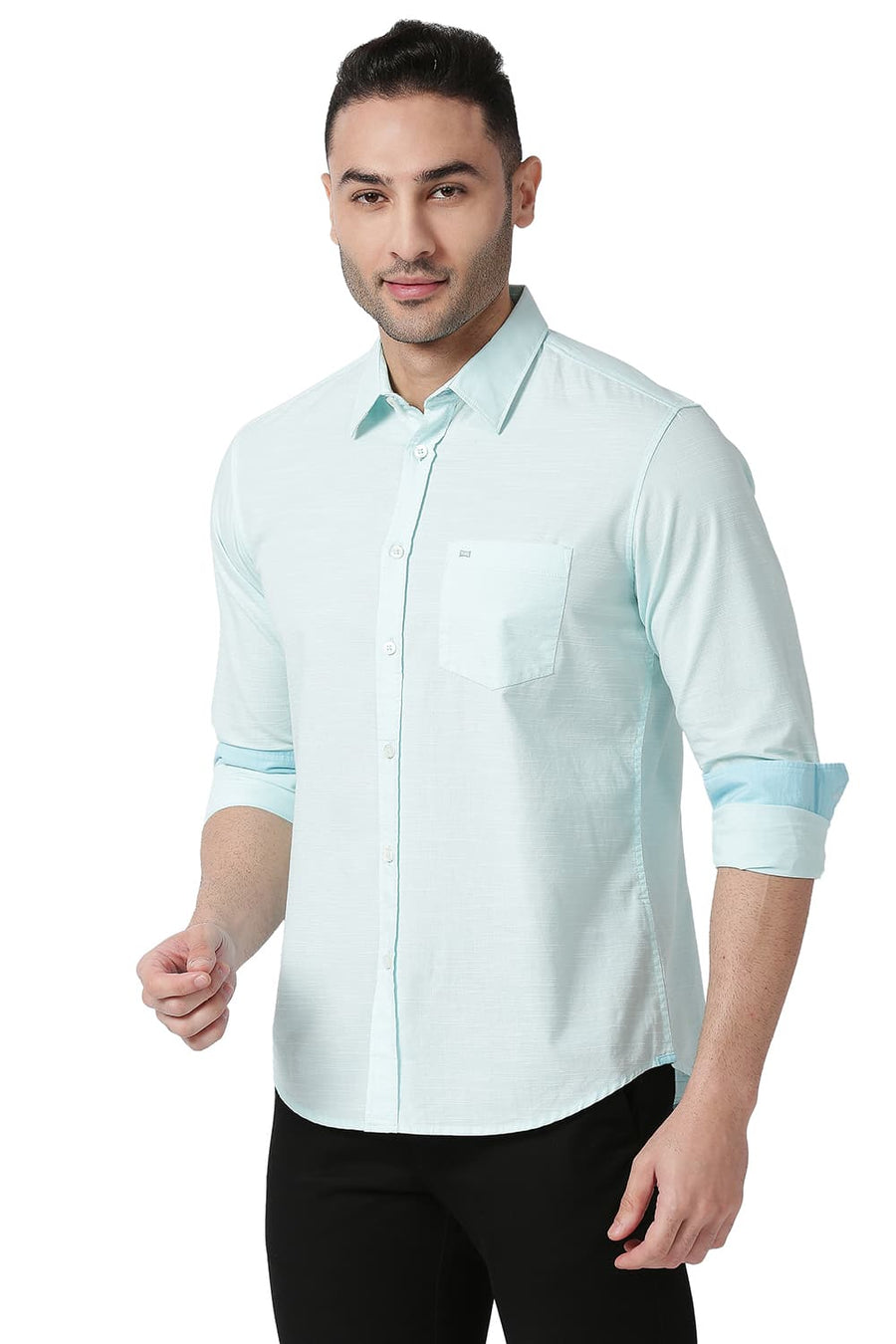 BASICS SLIM FIT GLASS AQUA COTTON SLUB SHIRT