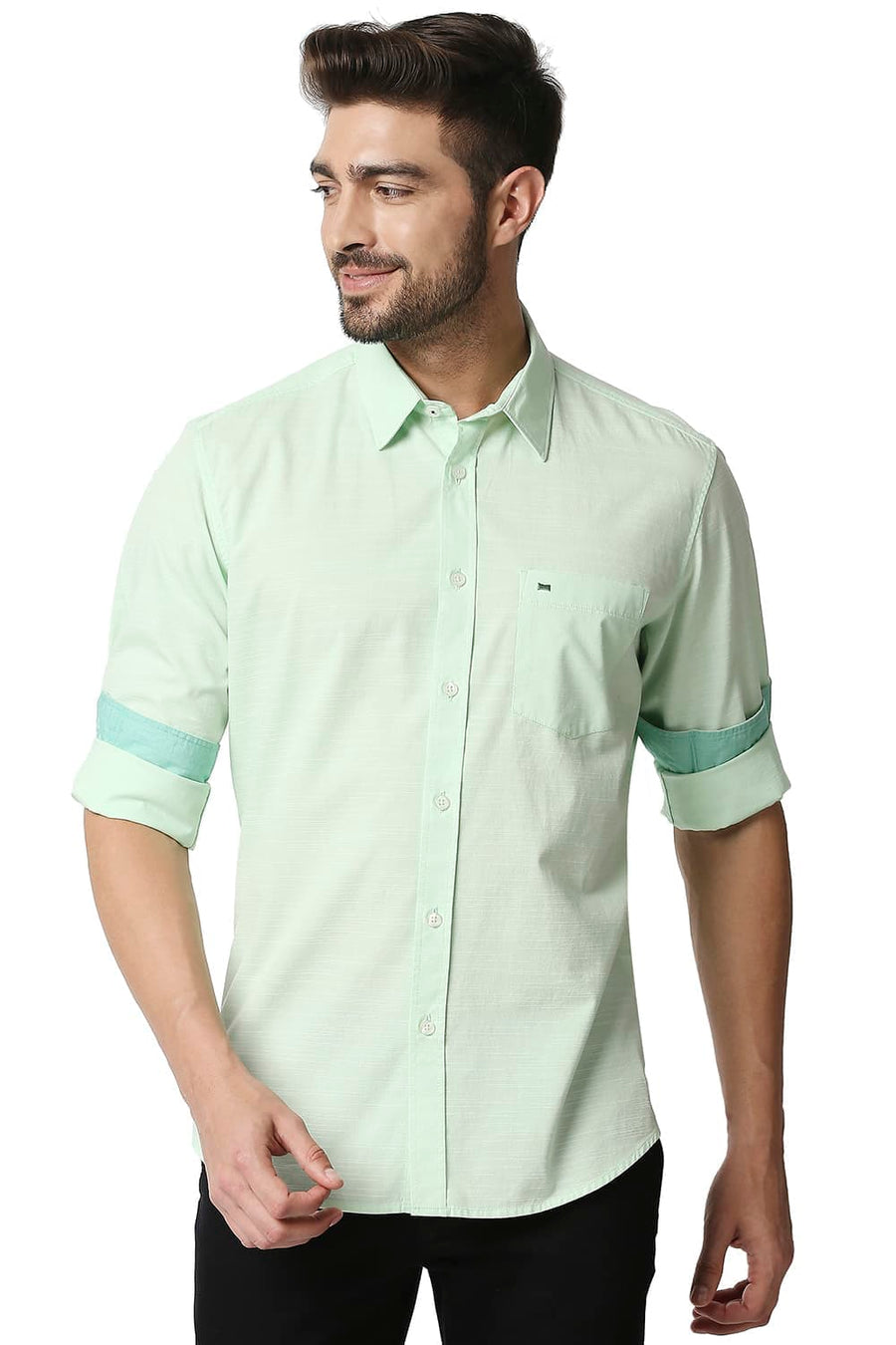 BASICS SLIM FIT PASTEL GREEN COTTON SLUB SHIRT