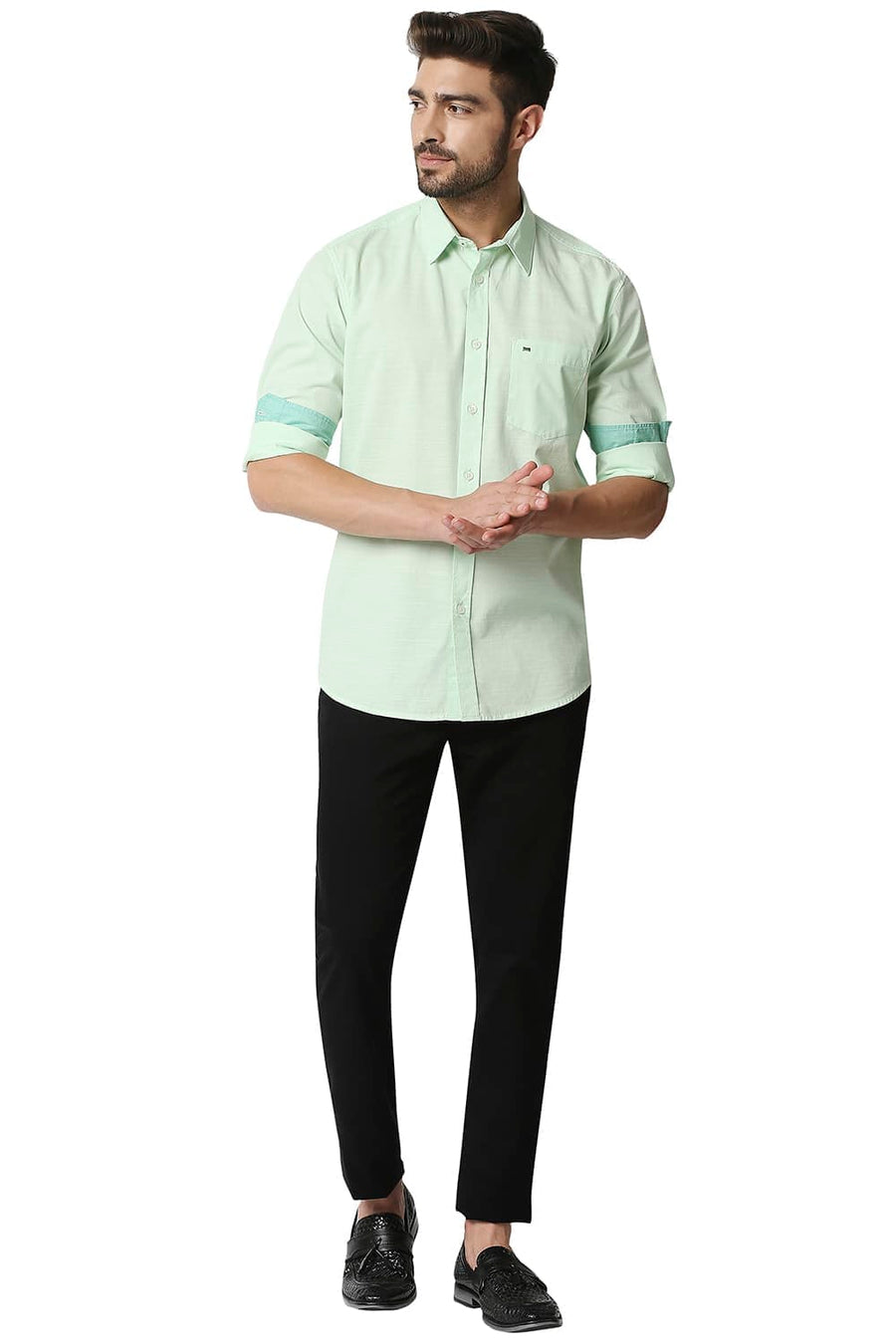 BASICS SLIM FIT PASTEL GREEN COTTON SLUB SHIRT