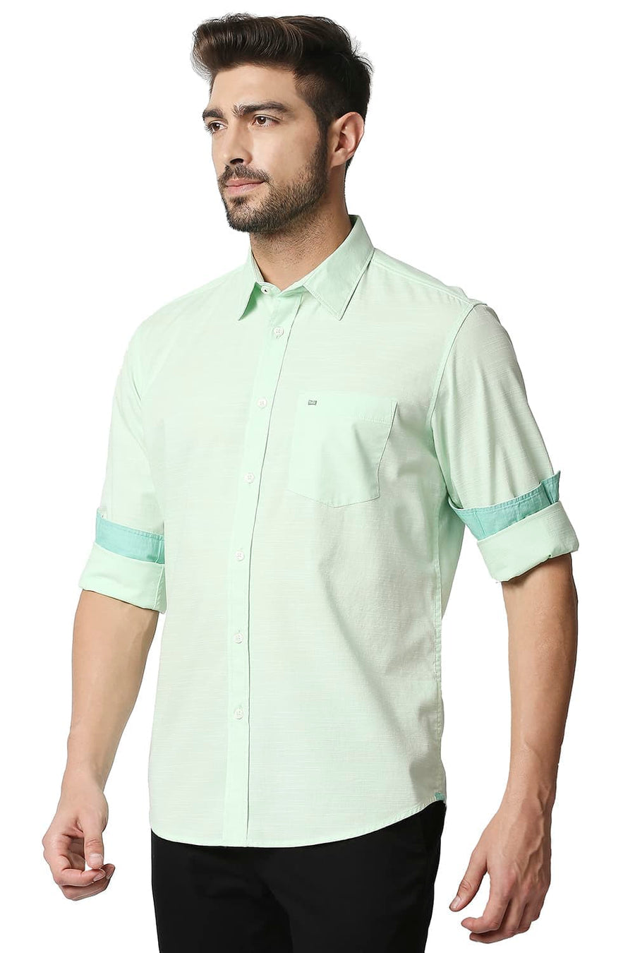 BASICS SLIM FIT PASTEL GREEN COTTON SLUB SHIRT