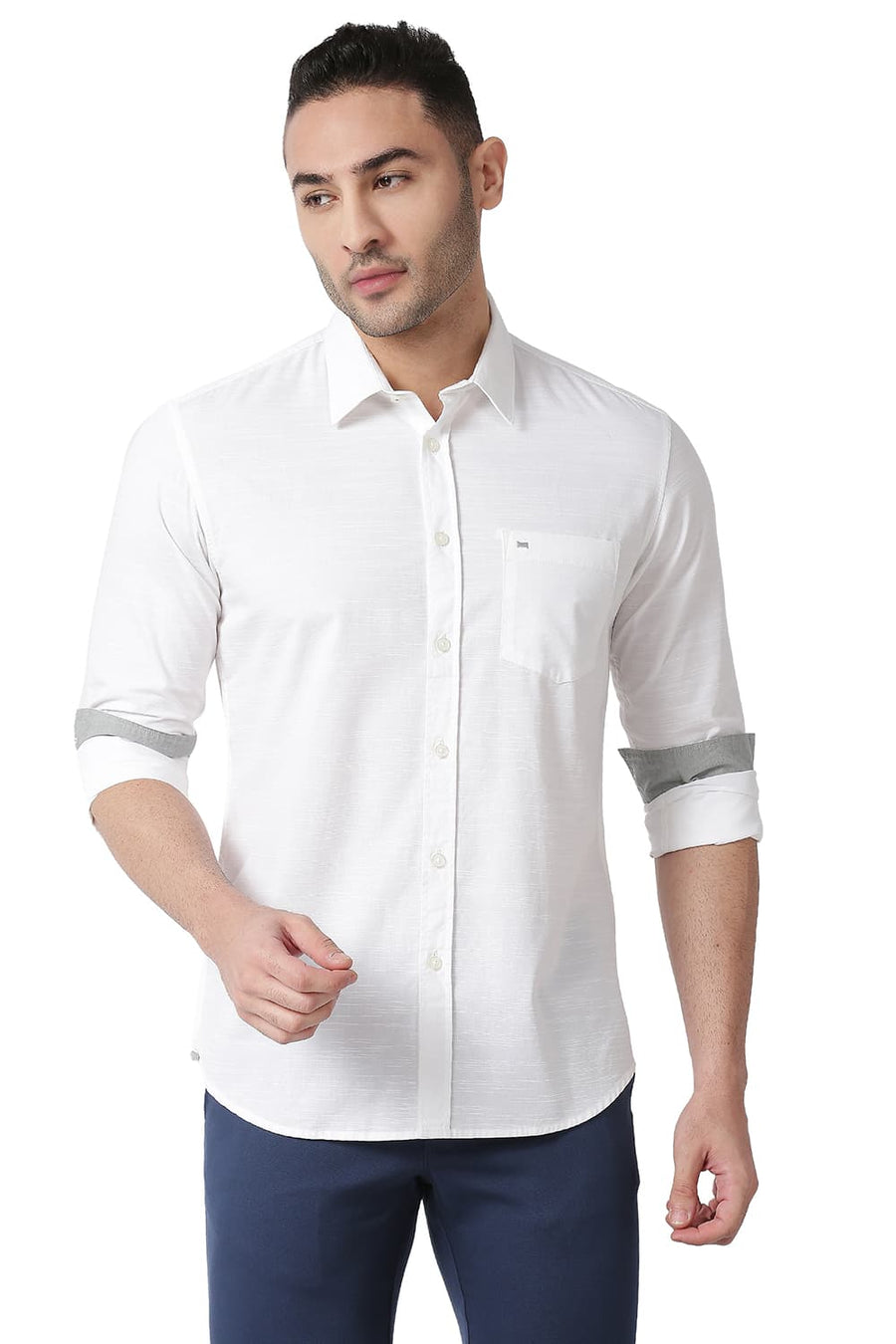 BASICS SLIM FIT SNOW WHITE COTTON SLUB SHIRT