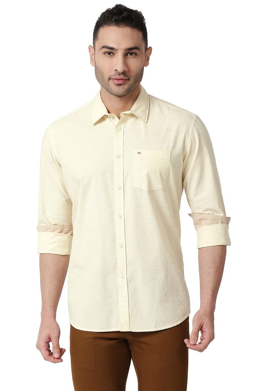 BASICS SLIM FIT SWEET CORN BEIGE COTTON SLUB SHIRT
