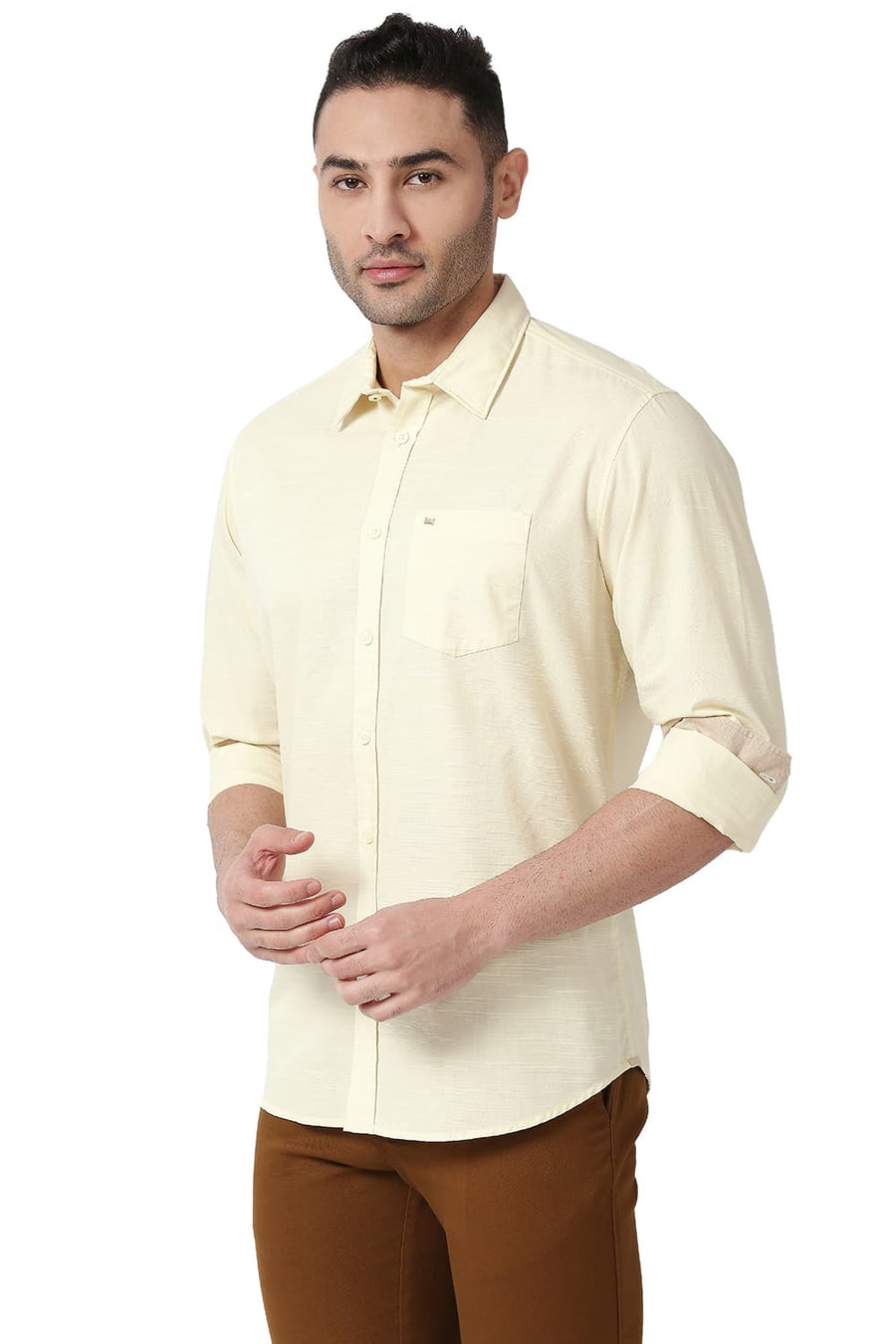 BASICS SLIM FIT SWEET CORN BEIGE COTTON SLUB SHIRT