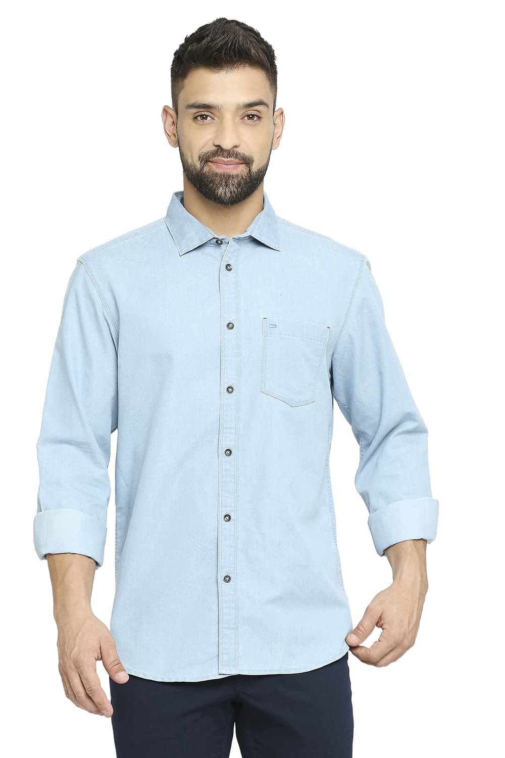 BASICS SLIM FIT COTTON POLYESTER INDIGO SHIRT