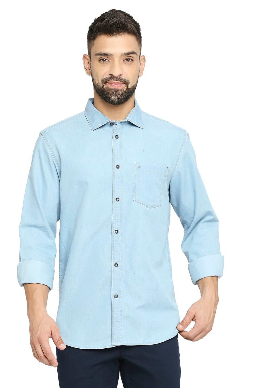 BASICS SLIM FIT AORIATIC BLUE COTTON POLYESTER INDIGO SHIRT