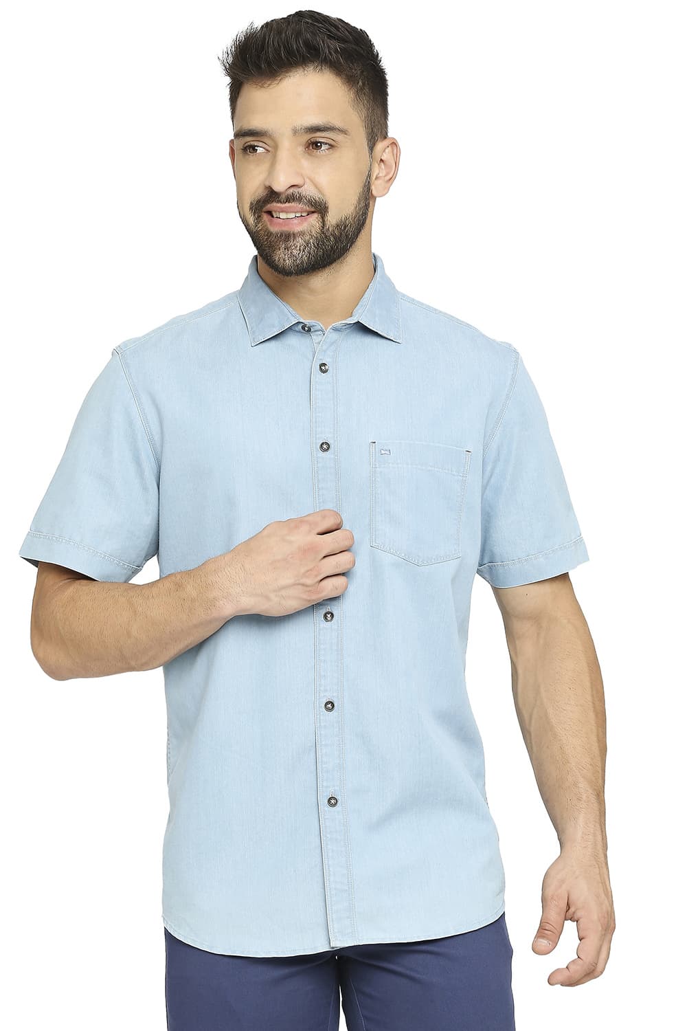 BASICS SLIM FIT COTTON POLYESTER INDIGO SHIRT