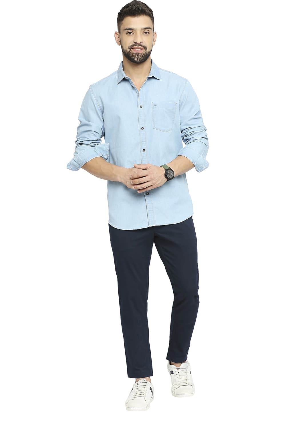 BASICS SLIM FIT COTTON POLYESTER INDIGO SHIRT