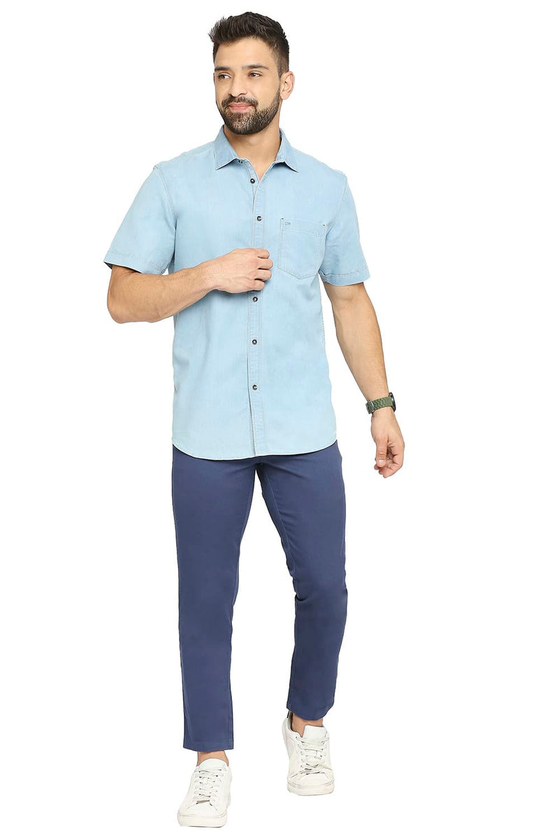 BASICS SLIM FIT COTTON POLYESTER INDIGO HALFSLEEVES SHIRT