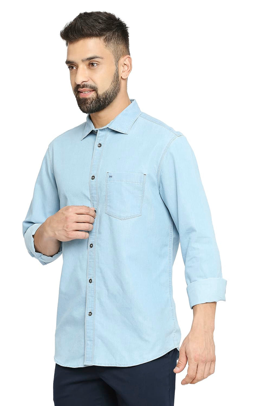 BASICS SLIM FIT AORIATIC BLUE COTTON POLYESTER INDIGO SHIRT