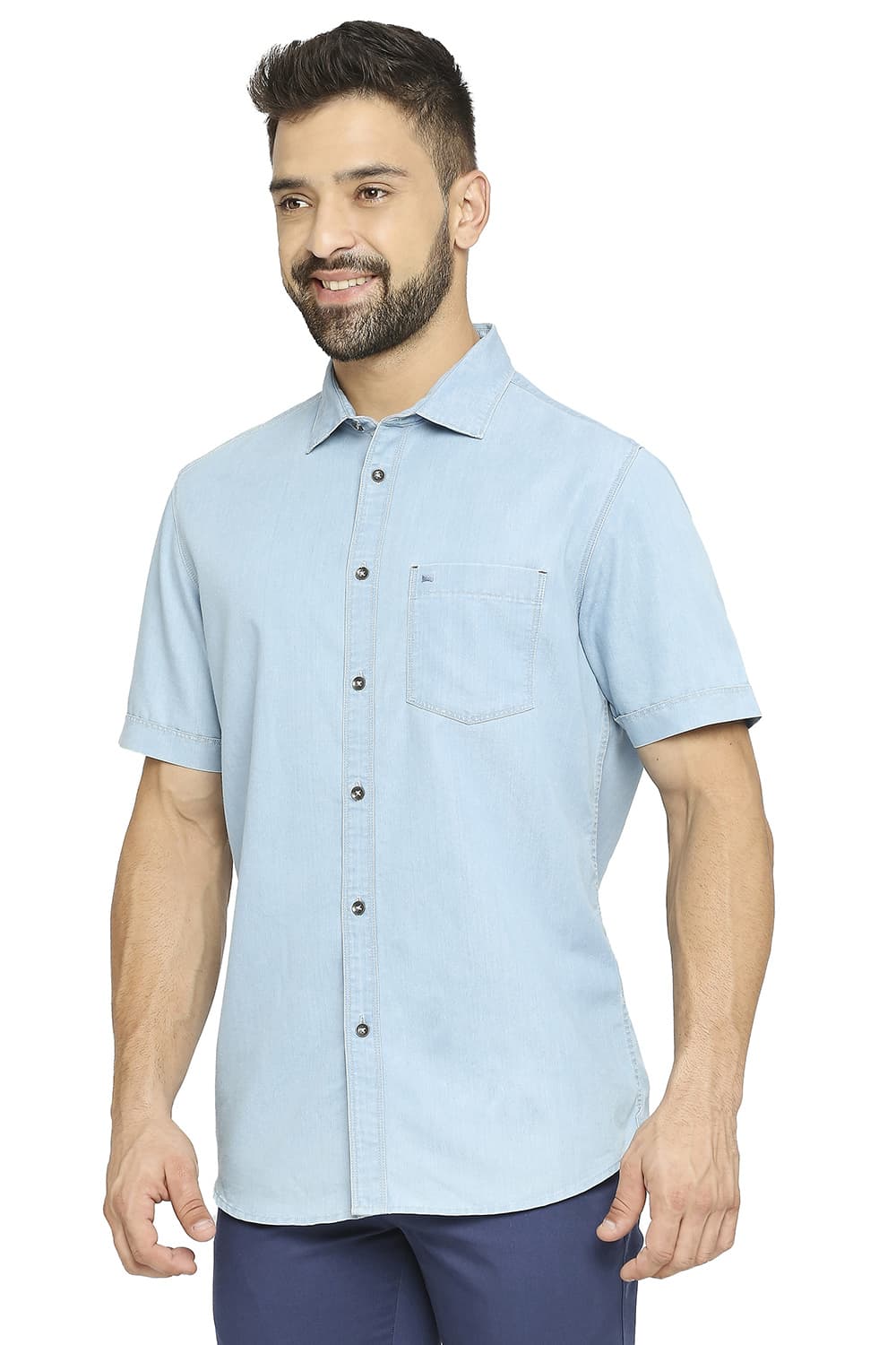 BASICS SLIM FIT COTTON POLYESTER INDIGO HALFSLEEVES SHIRT