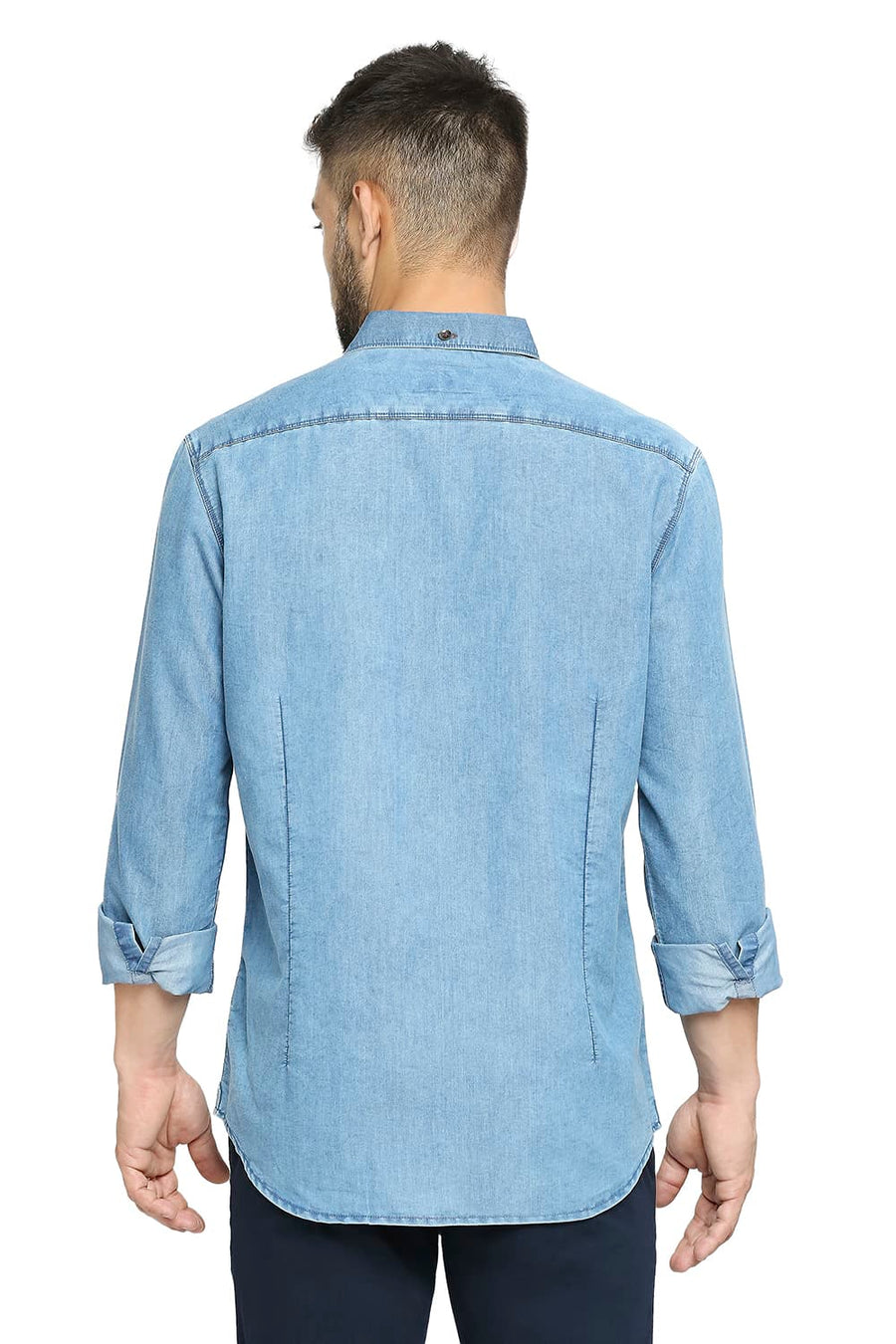 BASICS SLIM FIT CORONET BLUE COTTON POLYESTER INDIGO SHIRT