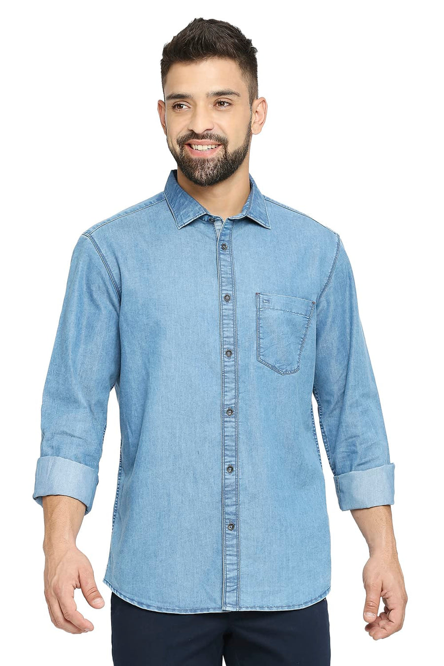 BASICS SLIM FIT CORONET BLUE COTTON POLYESTER INDIGO SHIRT