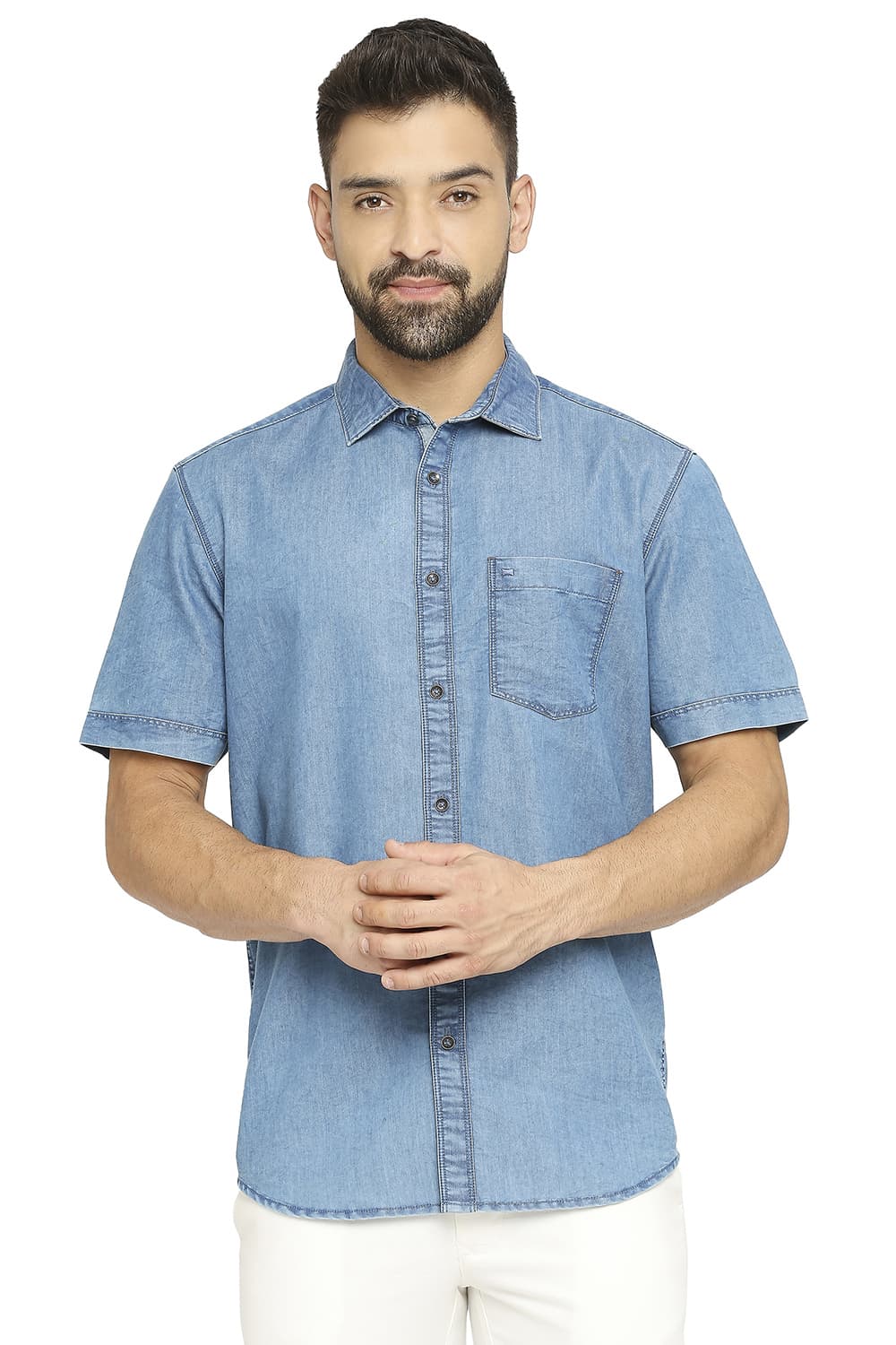 BASICS SLIM FIT COTTON POLYESTER INDIGO HALFSLEEVES SHIRT