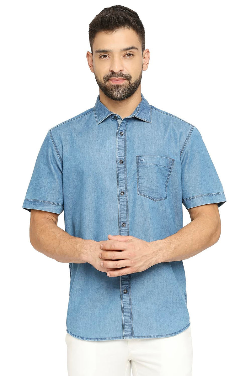 BASICS SLIM FIT COTTON POLYESTER INDIGO HALFSLEEVES SHIRT