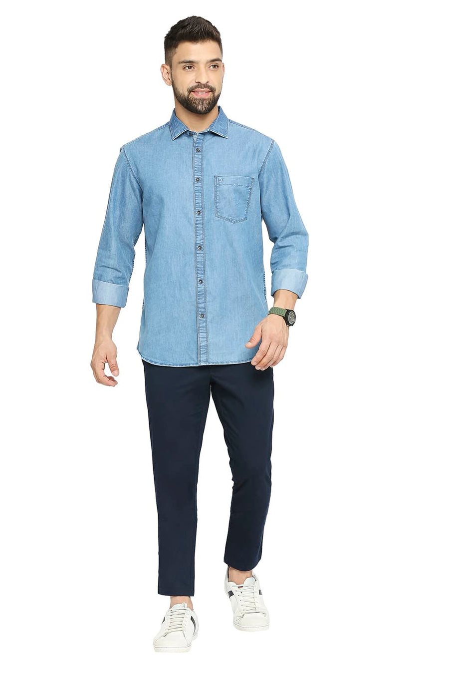 BASICS SLIM FIT CORONET BLUE COTTON POLYESTER INDIGO SHIRT