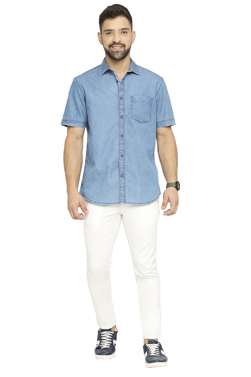 BASICS SLIM FIT COTTON POLYESTER INDIGO HALFSLEEVES SHIRT