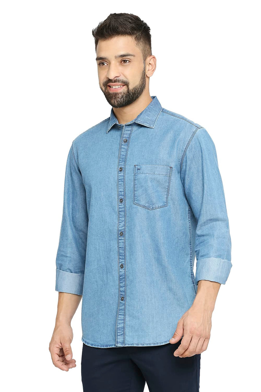 BASICS SLIM FIT CORONET BLUE COTTON POLYESTER INDIGO SHIRT