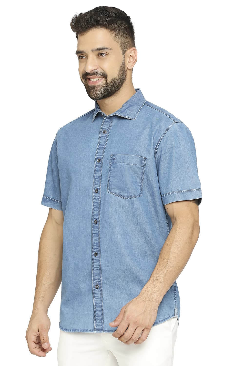 BASICS SLIM FIT COTTON POLYESTER INDIGO HALFSLEEVES SHIRT