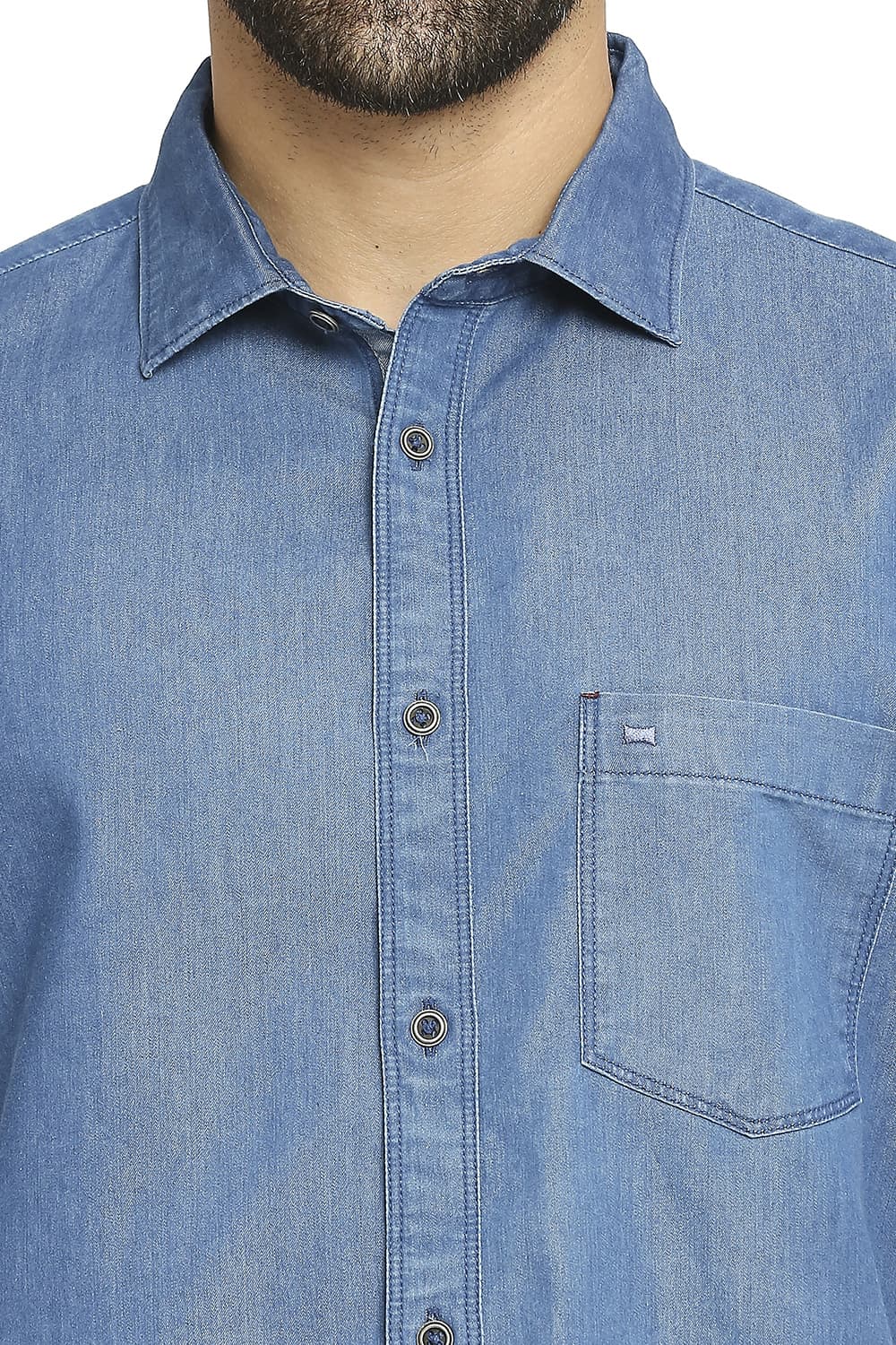 BASICS SLIM FIT COTTON POLYESTER INDIGO HALFSLEEVES SHIRT