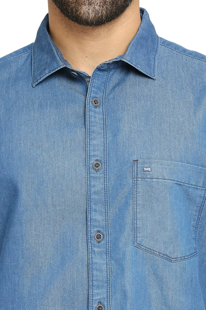 BASICS SLIM FIT COTTON POLYESTER INDIGO HALFSLEEVES SHIRT