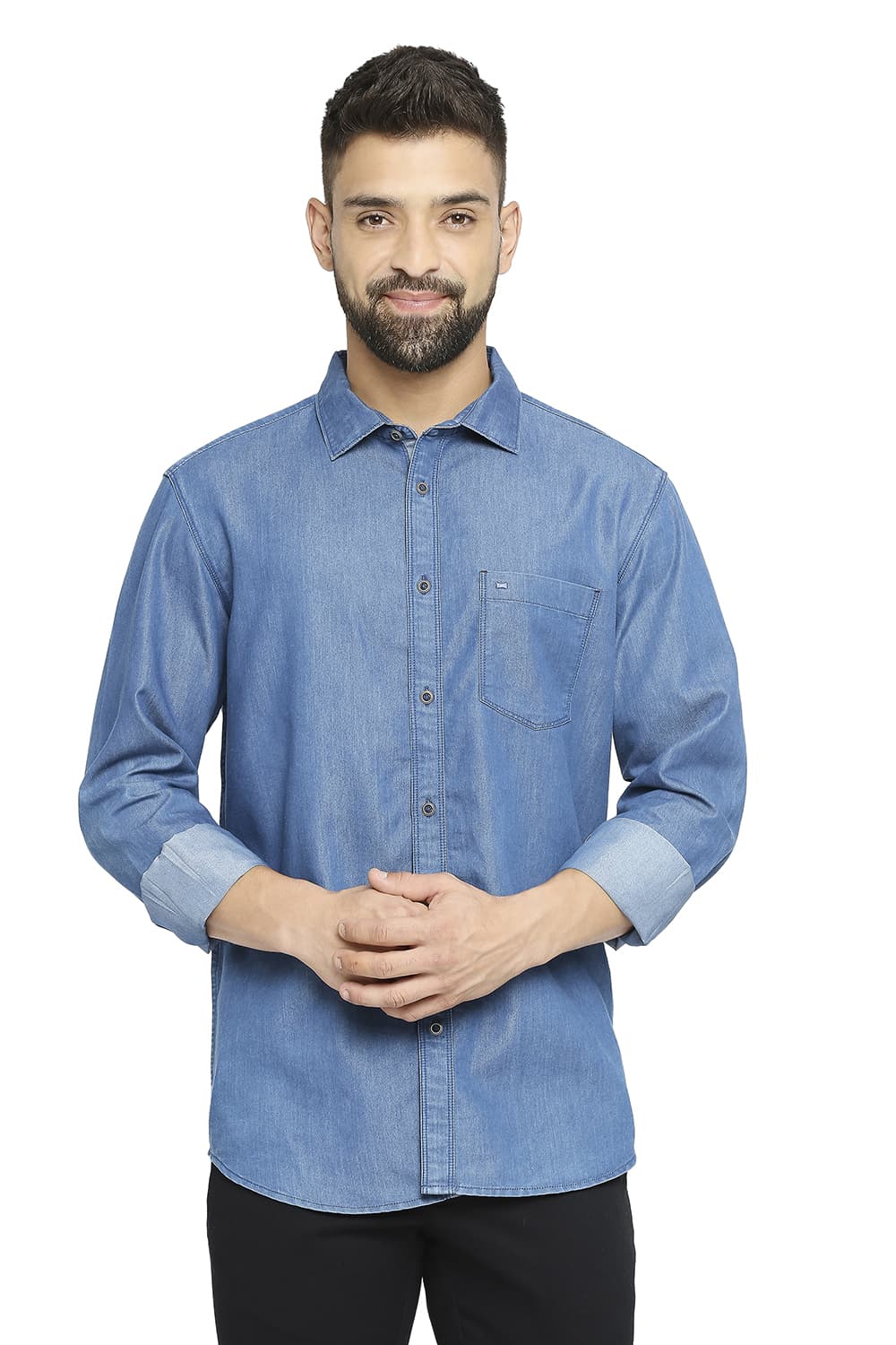 BASICS SLIM FIT COTTON POLYESTER INDIGO SHIRT