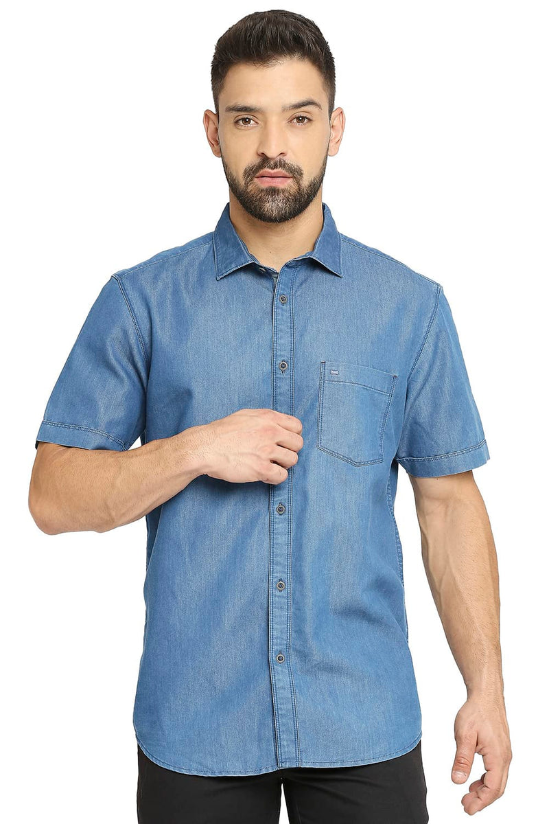 BASICS SLIM FIT COTTON POLYESTER INDIGO HALFSLEEVES SHIRT