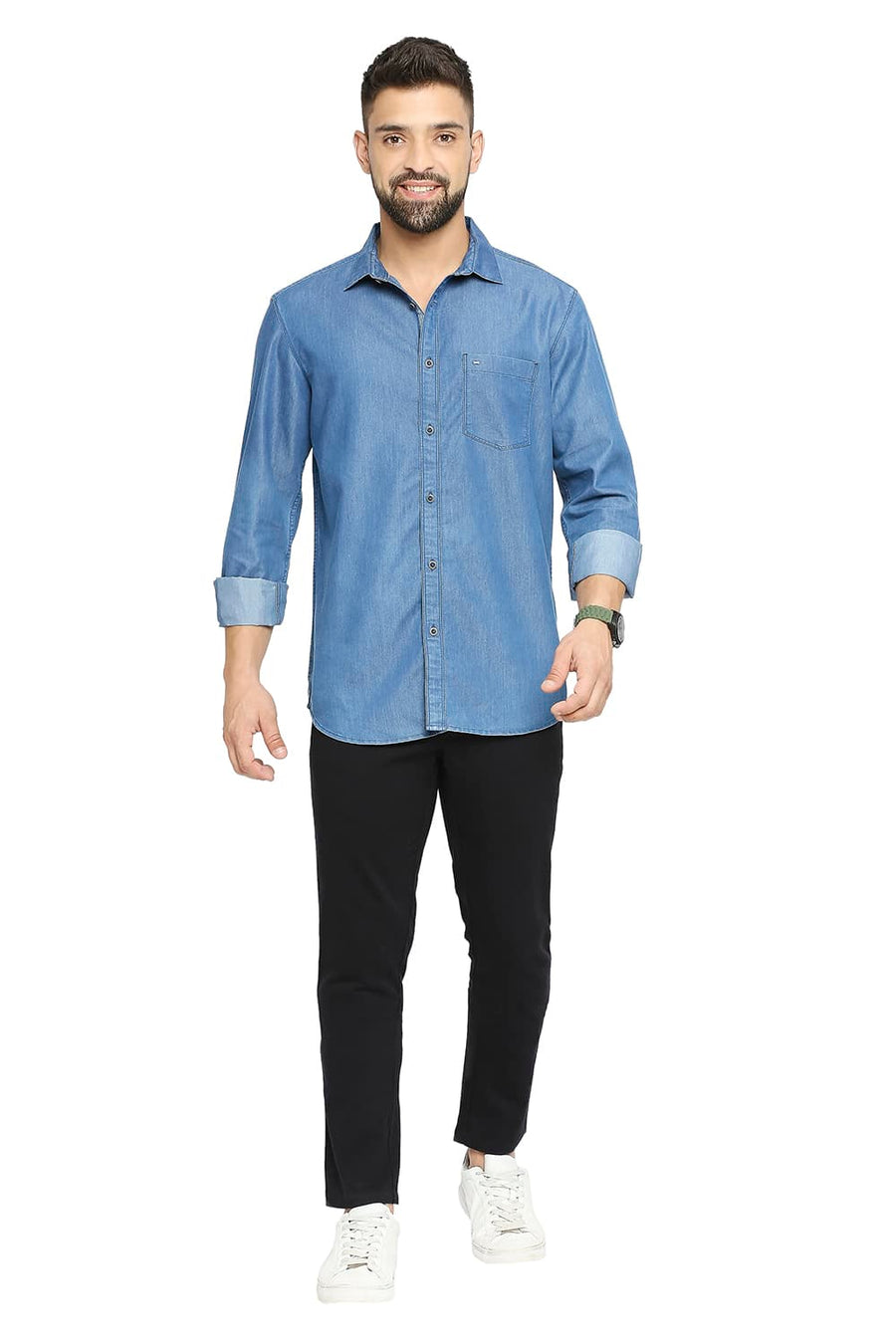 BASICS SLIM FIT COPEN BLUE COTTON POLYESTER INDIGO SHIRT