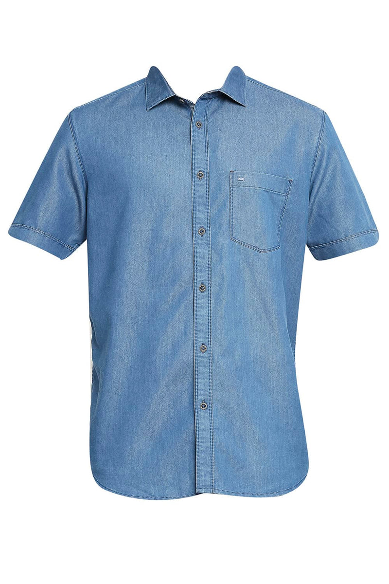 BASICS SLIM FIT COTTON POLYESTER INDIGO HALFSLEEVES SHIRT