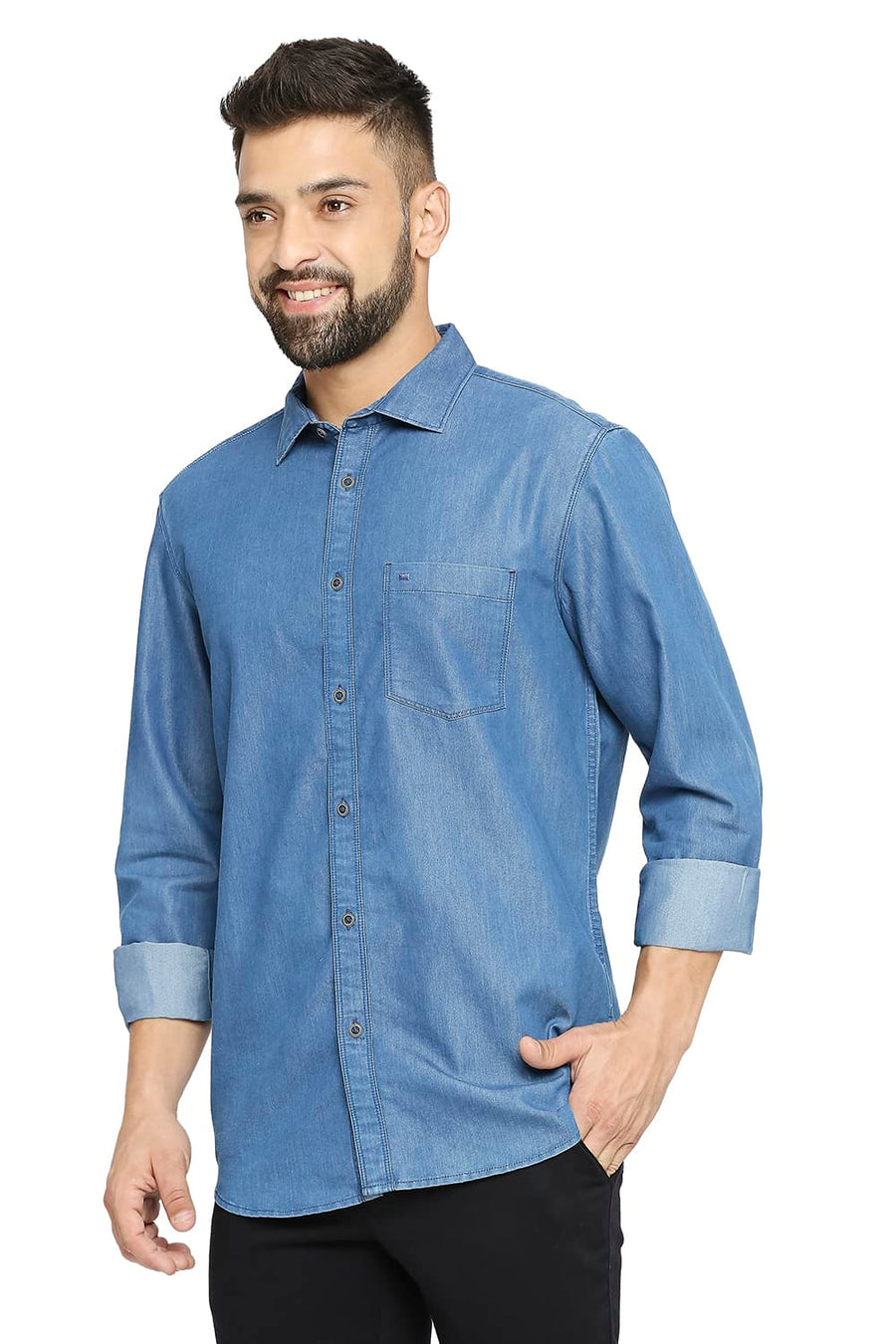 BASICS SLIM FIT COPEN BLUE COTTON POLYESTER INDIGO SHIRT