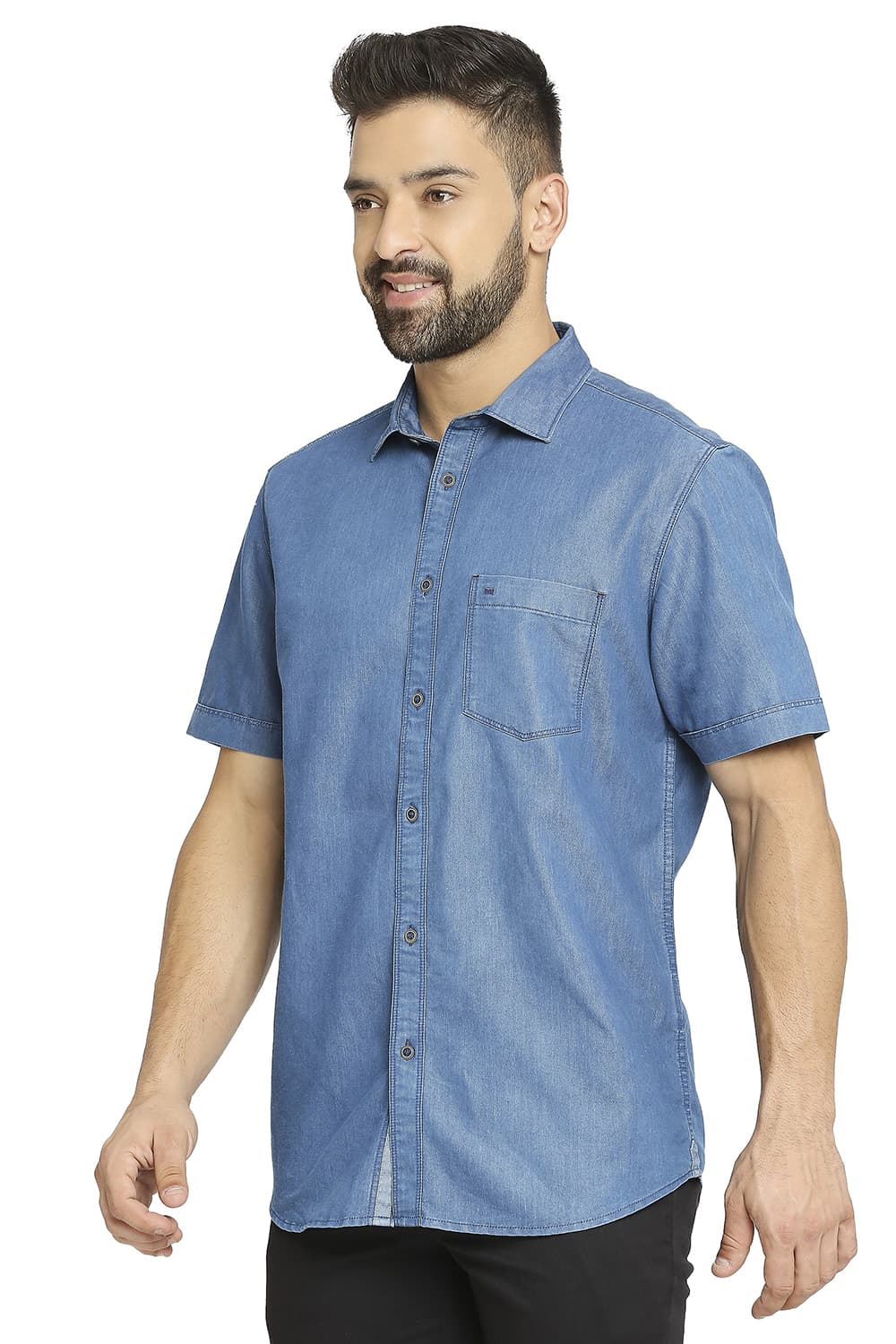 BASICS SLIM FIT COTTON POLYESTER INDIGO HALFSLEEVES SHIRT